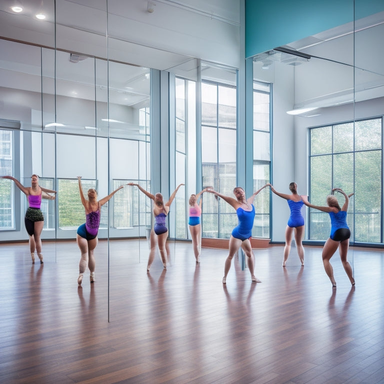 A vibrant, modern dance studio with a sleek, wooden floor, surrounded by mirrors and ballet bars, filled with diverse dancers of all ages, stretching and practicing in unison.