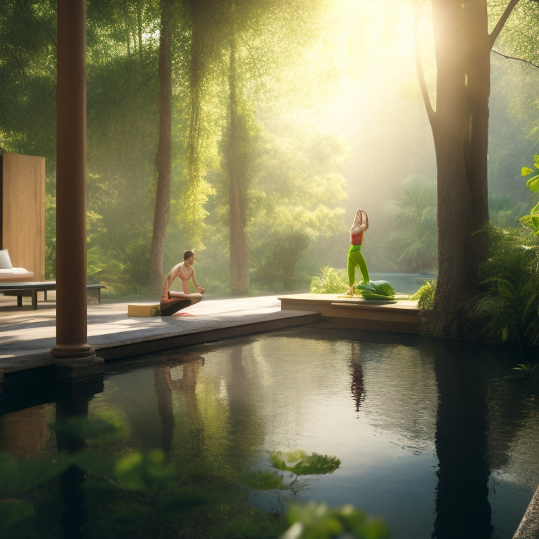 A serene, sunlit yoga studio with a person in tree pose, surrounded by lush greenery and calming water features, conveying a sense of flexibility and pain-free movement.
