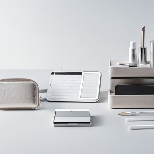 A minimalist desk with a sleek, silver makeup organizer, holding neatly arranged brushes and products, alongside a timer and a small, leather-bound planner, set against a clean, white background.