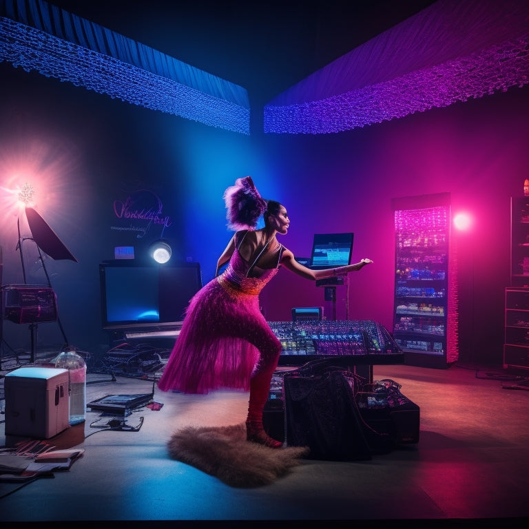 A darkened dance studio with spotlights shining down on a dancer in mid-pose, surrounded by laptops and tablets displaying dance choreography videos, with colorful makeup brushes and products scattered around.