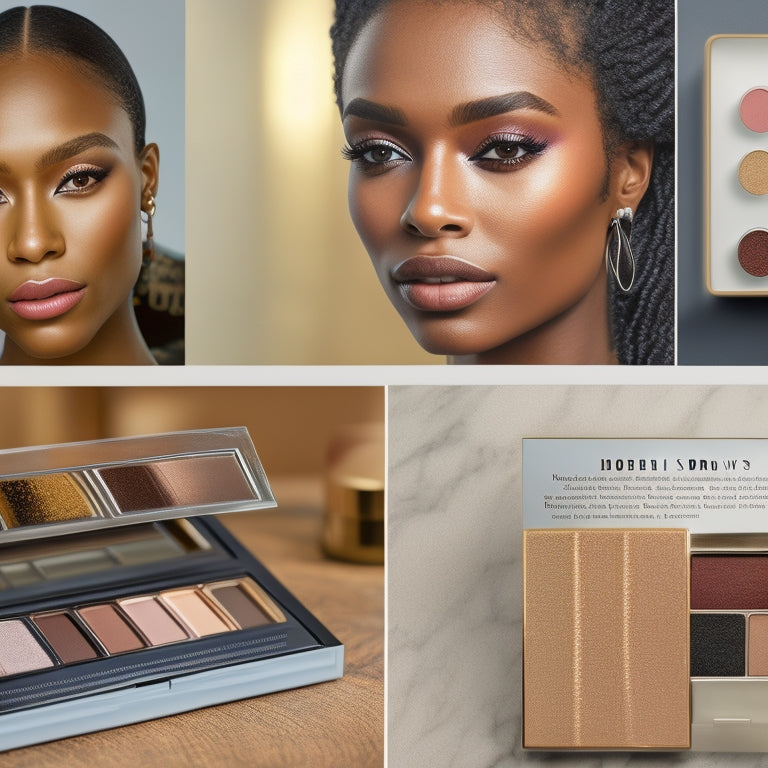 A split-screen image featuring a close-up of a makeup palette with diverse skin tones on one side, and a collage of Bobbi Brown's entrepreneurial ventures (e.g. wellness products, restaurants, and hotels) on the other.