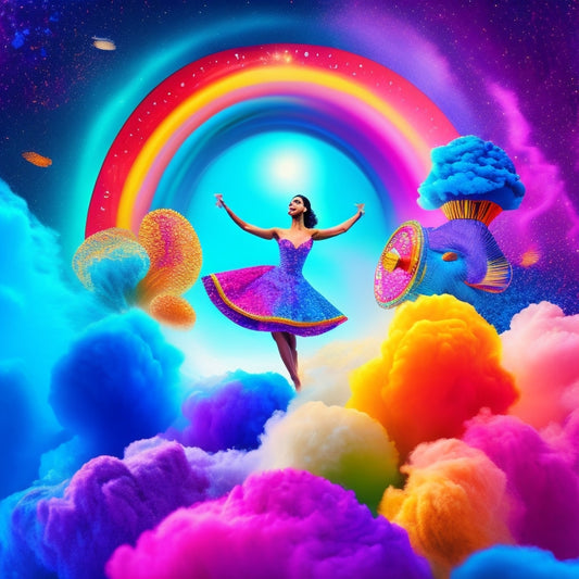 A vibrant, whimsical illustration of a dancing figure surrounded by swirling clouds of colorful makeup palettes, brushes, and mirrors, with subtle stage lights and glittering stars in the background.