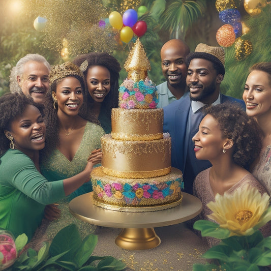 Vibrant illustration of diverse friends from different cultures and ages gathered around a large, ornate cake with colorful balloons and confetti, surrounded by lush greenery and warm golden lighting.