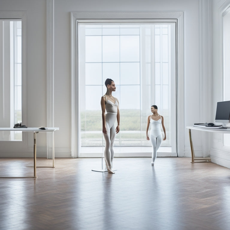 A serene, minimalist space with a laptop and ballet barre, surrounded by mirrors, with a dancer in a neutral-colored leotard, hands on hips, standing tall with perfect posture.