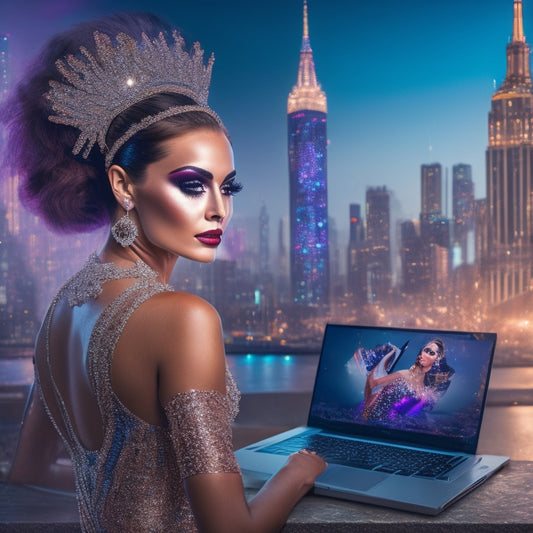 A glamorous dancer in a sparkling costume stands in front of a laptop, surrounded by makeup brushes and palettes, with a cityscape or virtual background blurred in the distance.