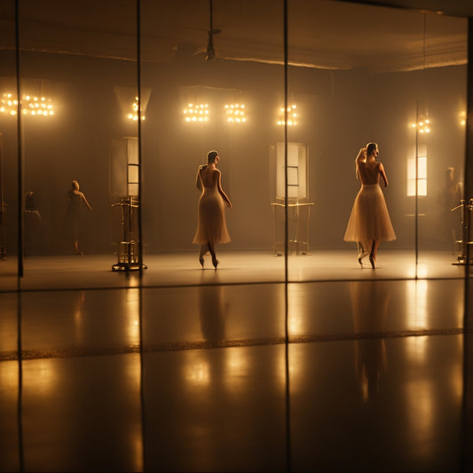 A sensual, dimly lit dance studio with a lone figure in the center, surrounded by mirrors, practicing a slow, seductive dance move, with soft, golden lighting and a blurred background.