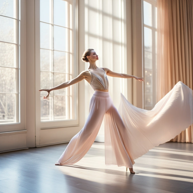 A graceful dancer in a sunlit studio, wearing flowing wide-leg dance trousers in soft pastel hues. The fabric billows elegantly around their legs, capturing movement, with a backdrop of mirrored walls and wooden floors.
