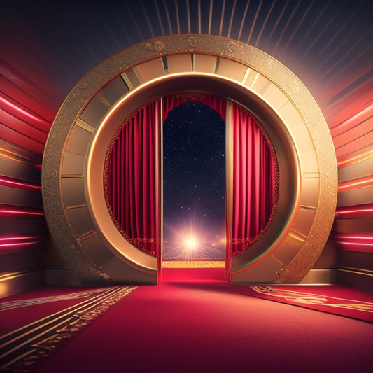 A stylized illustration of a golden film strip unwinding from a classic Hollywood camera, morphing into a red carpet that leads to a stylized, glowing, star-shaped portal.