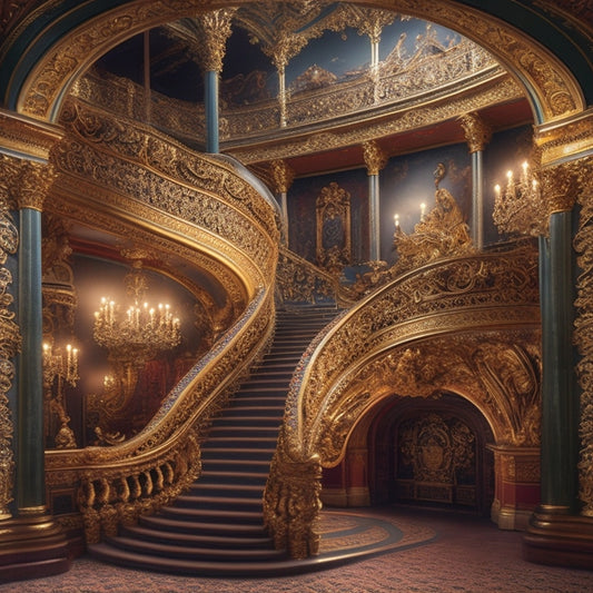 A vibrant illustration of a grand, ornate theater with a majestic staircase, adorned with intricate golden filigree, surrounded by spotlights, musical notes, and a hint of jazz-age glamour.