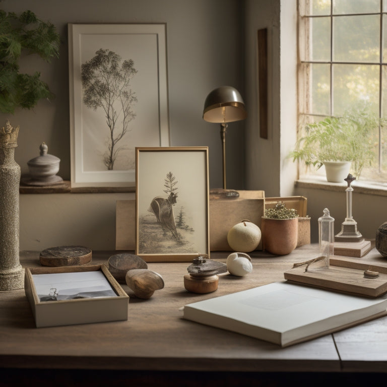 A serene conservation studio with acid-free archival boxes, crisp white sheets of paper, and a wooden table displaying delicate, preserved artifacts under soft, natural light, evoking a sense of timeless preservation and care.