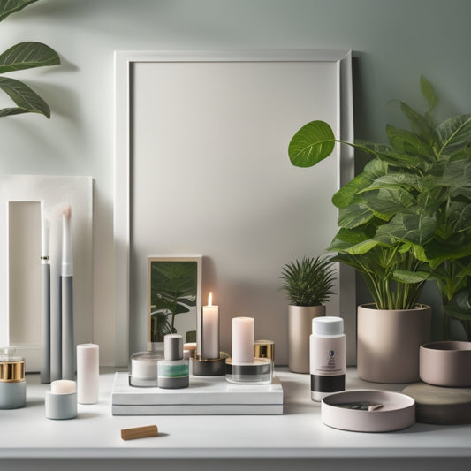 A serene, minimalist illustration featuring a makeup artist's workspace transformed into a calming oasis: soft candles, lush greenery, and a few strategically placed skincare products amidst neatly organized makeup tools.