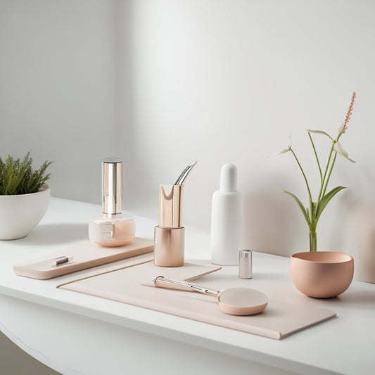 A serene, minimalist beauty studio with a sleek, stainless steel dermaplaning tool and a few delicate, peach-toned facial models on a spotless, white countertop against a soft, creamy background.