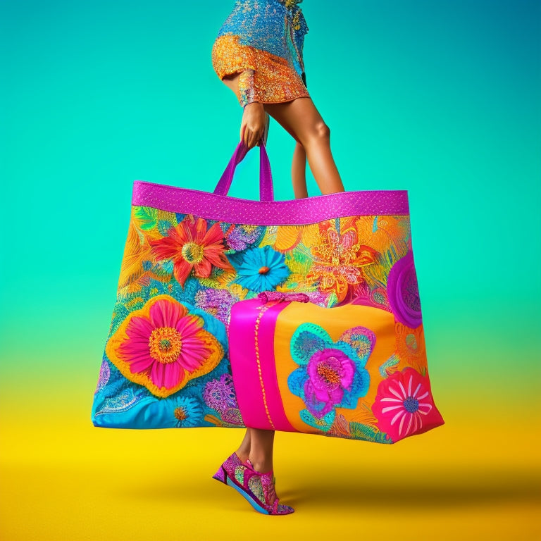 A colorful illustration of a fun, dancing female silhouette surrounded by psychedelic patterns, flowers, and peace signs, holding a tote bag with a checklist design on it.