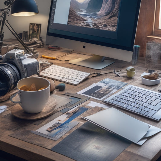A cluttered desk with a laptop, scattered papers, and various digital design tools like a graphics tablet, stylus, and a color palette, surrounded by inspirational concept art and 3D model prints.