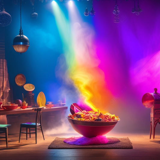 A vibrant stage set with a giant wooden spoon and fork crossed like scissors, surrounded by swirling dance silhouettes, spotlights, and wispy steam trails evoking savory aromas.