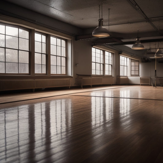 A serene, well-lit dance studio with a wooden ballet barre, approximately 3-4 feet off the ground, against a mirrored wall, surrounded by empty space and a few scattered dance shoes.