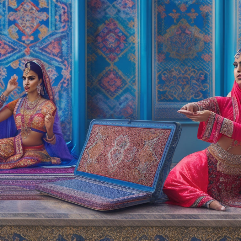 A vibrant illustration featuring a stylized Middle Eastern-inspired patterned background, with a laptop and a dancer in traditional attire in the foreground, surrounded by subtle Arabian motifs and minimalist Arabic geometric shapes.