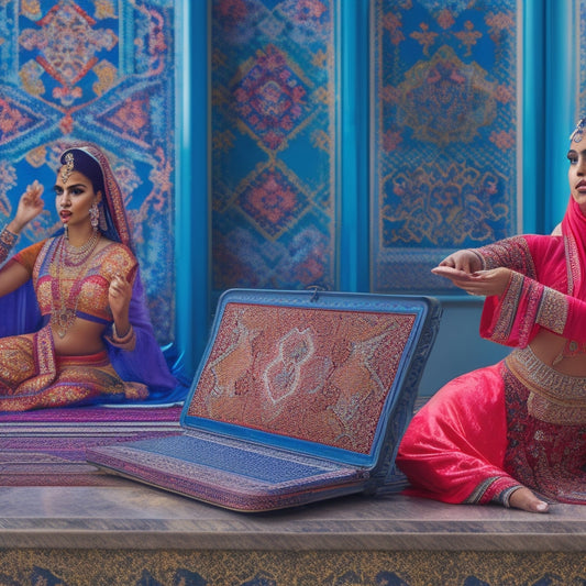 A vibrant illustration featuring a stylized Middle Eastern-inspired patterned background, with a laptop and a dancer in traditional attire in the foreground, surrounded by subtle Arabian motifs and minimalist Arabic geometric shapes.