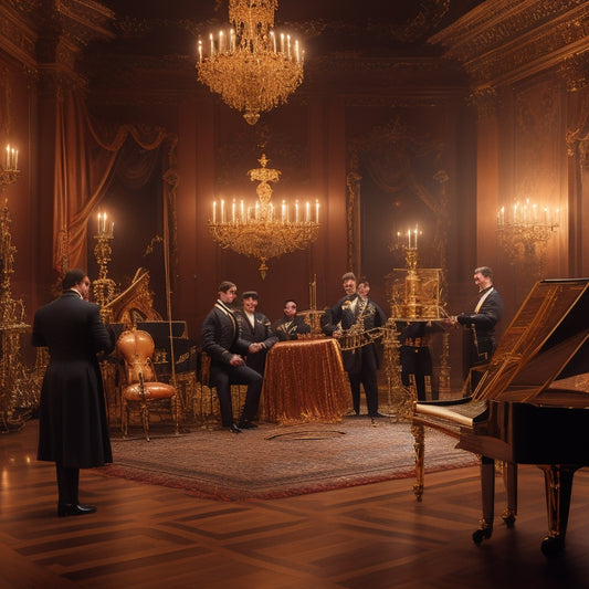 An elegant, ornate music room with a polished wooden floor, adorned with golden candelabras, featuring a brass quintet in formal attire, surrounded by sheets of music and instruments.