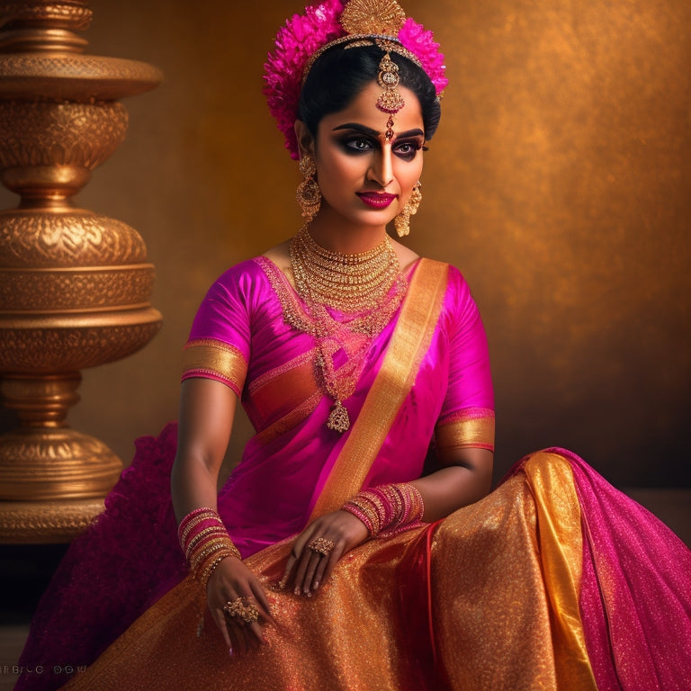 A elegant Indian dancer, Archana Raja, in a vibrant pink and gold Kuchipudi costume, poised in a dramatic Bharatanatyam-inspired pose, surrounded by warm, golden lighting and intricate Indian patterns.