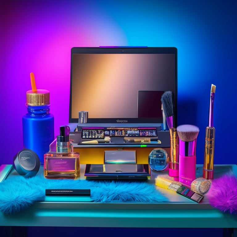 A colorful, cluttered makeup station with a mirror, brushes, and products, surrounded by a tablet, smartphone, and laptop, with a dance-inspired background featuring a ballet barre or a dancer's silhouette.