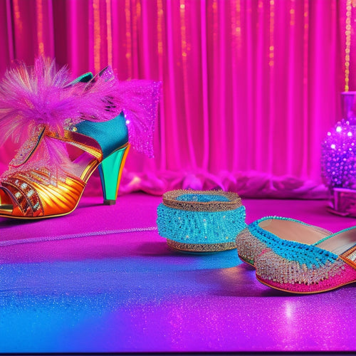 A vibrant scene showcasing an elegant dancer's accessories: glimmering rhinestone hairpins, colorful ballet ribbons, sparkling ankle straps, and a pair of sleek dance shoes, all arranged on a polished wooden stage with soft spotlighting.