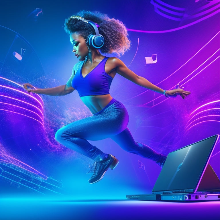 A stylized illustration of a dancer in motion, surrounded by swirling musical notes, headphones, and a laptop with a screen displaying a music licensing platform, set against a dark blue and purple gradient background.