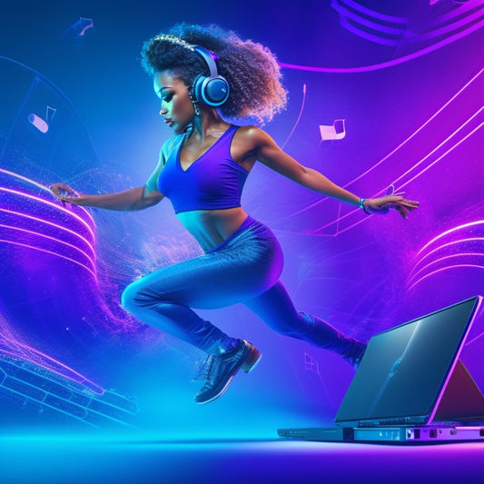 A stylized illustration of a dancer in motion, surrounded by swirling musical notes, headphones, and a laptop with a screen displaying a music licensing platform, set against a dark blue and purple gradient background.