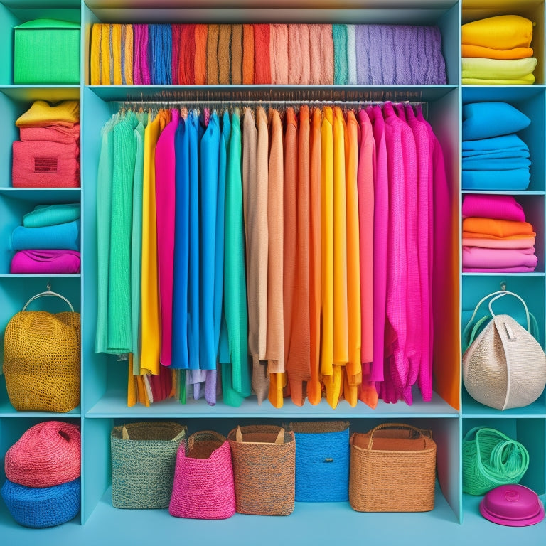 A colorful, neatly arranged flat lay of various hangers, stacked and intertwined, showcasing creative packing methods, with some hangers hooked together, others folded, and a few standing upright.