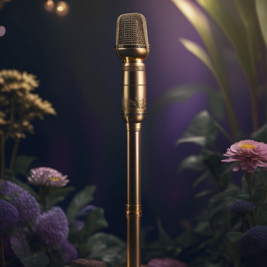 A serene, minimalist background with a golden microphone standing upright on a ornate, velvet-covered pedestal, surrounded by delicate, blooming flowers and subtle, shimmering fairy lights.