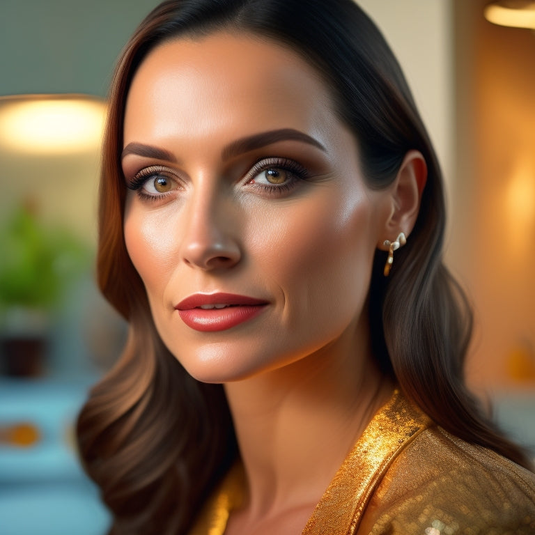 A warm, golden-lit portrait of a confident woman in her 30s, with dark hair and bright, bold makeup, posing in a chic, modern beauty studio with sleek marble countertops.