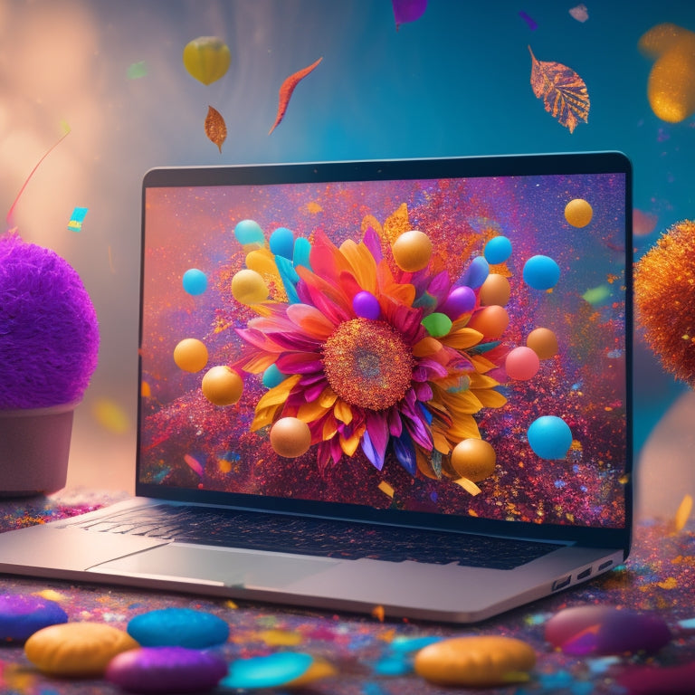 A whimsical illustration featuring a colorful, swirling vortex of paintbrushes, glitter, and confetti surrounding a laptop with a glowing screen displaying a custom homecoming SVG design, amidst a subtle background of autumn leaves and balloons.