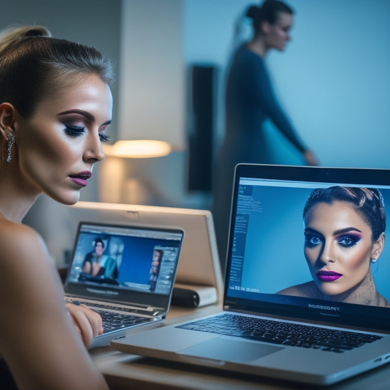 A split-screen image: a professional dance makeup artist applying makeup to a dancer's face on one side, and a laptop with an online course website open on the screen on the other side.