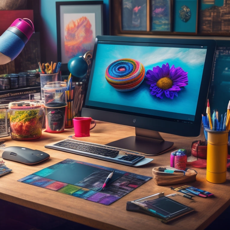 A vibrant illustration of a creative workspace, featuring a artist's desk with a digital drawing tablet, stylus, and a laptop displaying a colorful digital art software interface, surrounded by art supplies and inspirational art pieces.