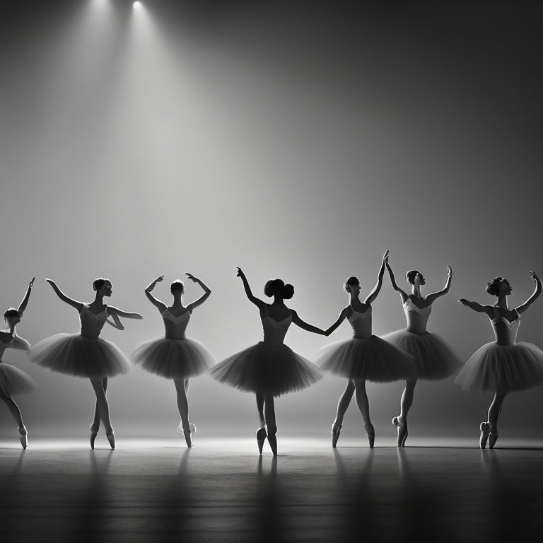 A dark background with multiple silhouettes of ballet dancers in various poses, including arabesque, plié, and grand jeté, in fading shades of gray, with subtle gradient effects.