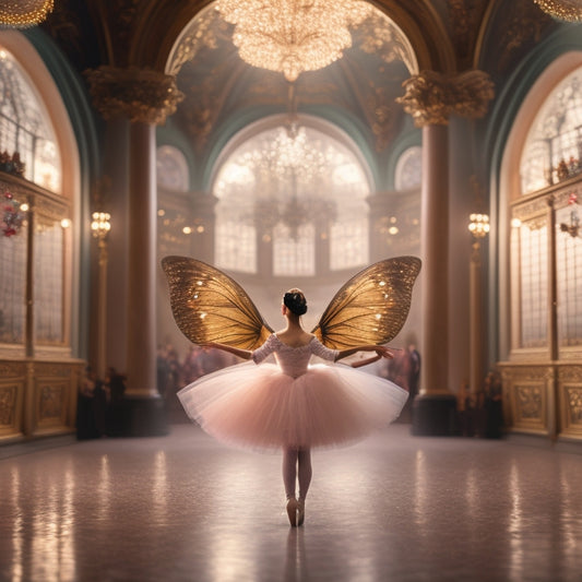 A whimsical illustration of a young ballerina standing in the wings of a grand, ornate theater, surrounded by fluttering butterflies and twinkling stage lights, with a subtle fairy tale-inspired background.