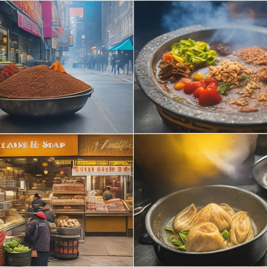 Vibrant collage of NYC's culinary diversity: steam rising from a Chinatown dumpling shop, a colorful Indian spice market in Jackson Heights, and a classic Jewish deli on the Lower East Side.