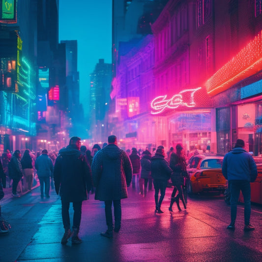 A neon-lit cityscape at dusk, with vibrant dance clubs and bars lining the streets, people dancing in windows, and a DJ spinning tracks in the foreground.