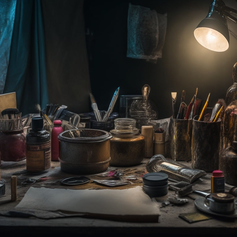 A dimly lit, cluttered makeup station with scattered brushes, paints, and prosthetics, surrounded by torn reference images and crumpled paper, with a single, unfinished character design in the center, shrouded in shadows.