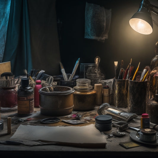 A dimly lit, cluttered makeup station with scattered brushes, paints, and prosthetics, surrounded by torn reference images and crumpled paper, with a single, unfinished character design in the center, shrouded in shadows.