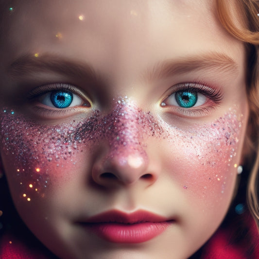 A brightly lit, close-up shot of a young girl's face, featuring vibrant, sparkly eye shadow, bold eyeliner, and rosy cheeks, with a few strategically placed freckles and a sprinkle of glitter on her nose.