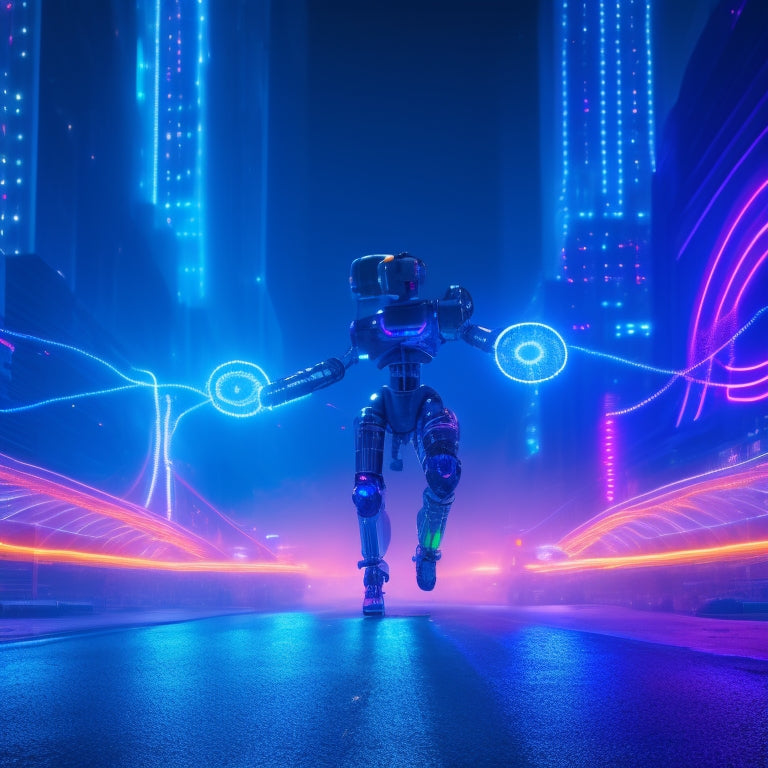 A futuristic, neon-lit cityscape at night with a giant, robotic dancer in the center, surrounded by swirling code and circuit boards, with wires and glowing blue pipes snaking around its body.