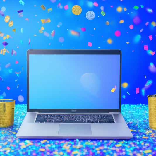 A vibrant illustration of a laptop screen displaying a dance fitness video, surrounded by confetti, dollar signs, and a chart trending upward, set against a bright, gradient blue background.