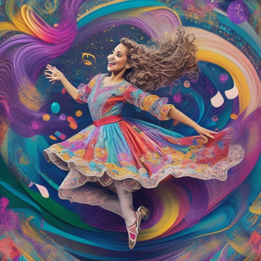 A whimsical illustration of a dancing girl surrounded by swirling colors, musical notes, and dance-inspired patterns, with a subtle background of torn-out coloring book pages.