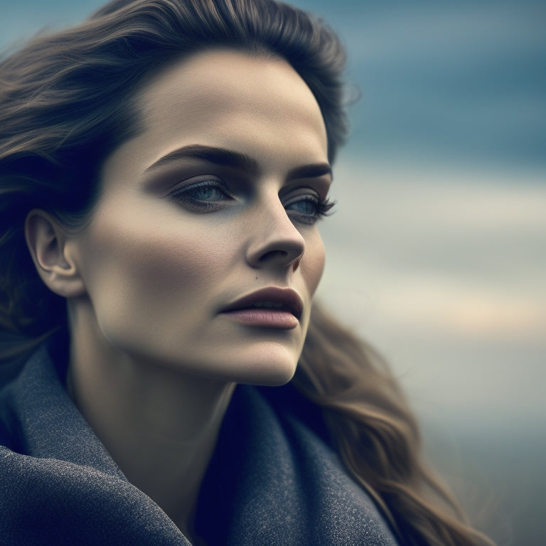 A moody, black-and-white portrait of a woman with windswept hair, gazing intensely into the distance, set against a blurred, misty background, evoking a sense of raw, emotional authenticity.