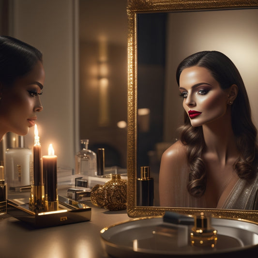 A glamorous, dimly-lit vanity surrounded by luxurious makeup products, with a few strategically-placed mirrors reflecting a confident, flawless female face with a subtle, knowing smile.