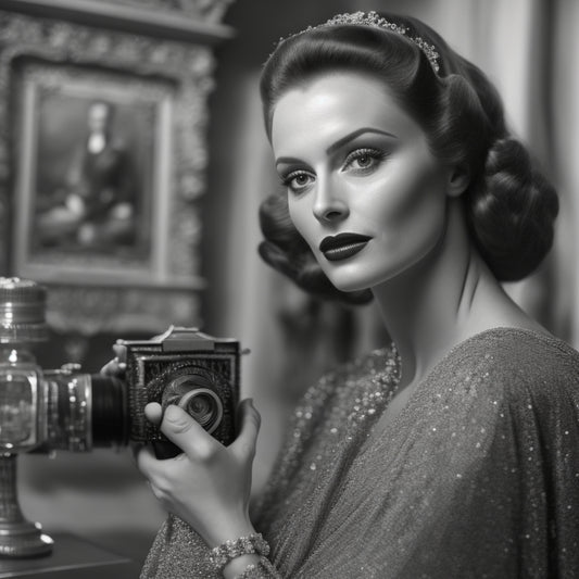 A soft-focus, black-and-white photograph of a statuesque model, adorned in 1940s-inspired attire, posing elegantly against a luxurious, velvet-draped backdrop, surrounded by antique cameras and ornate mirrors.