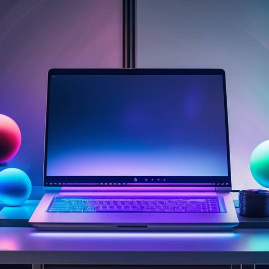 A futuristic, minimalist desktop with a sleek laptop, surrounded by five distinct, glowing orbs, each emitting a unique colored light, representing the five tools, amidst a subtle, gradient background.