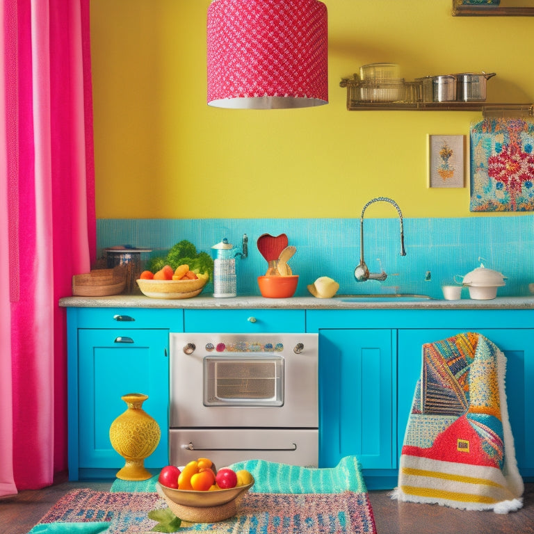 A vibrant, nostalgic poster dominates a bright kitchen's focal wall, surrounded by retro-patterned curtains, a vintage mixer, and a few dancing kitchen utensils, amidst a colorful, eclectic decor.