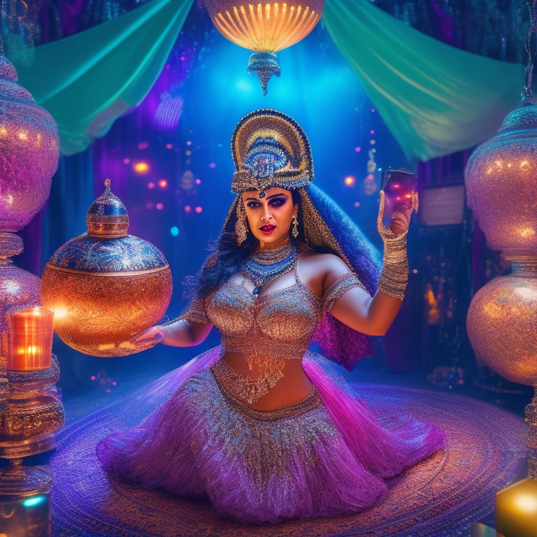 A whimsical illustration of a belly dancer surrounded by swirling fabrics and shimmering lights, wearing a VR headset and holding controllers that resemble ornate Middle Eastern instruments.